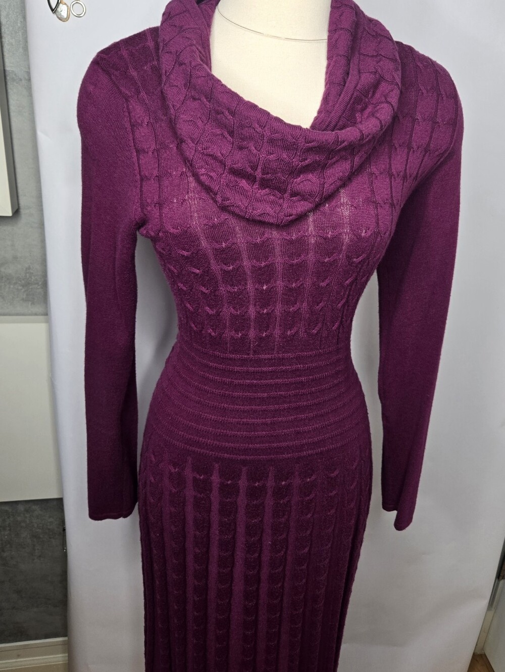 Women’s Cable-Knit  Sweater Dress - With Removeable Matching Cowl Scarf. Plum.